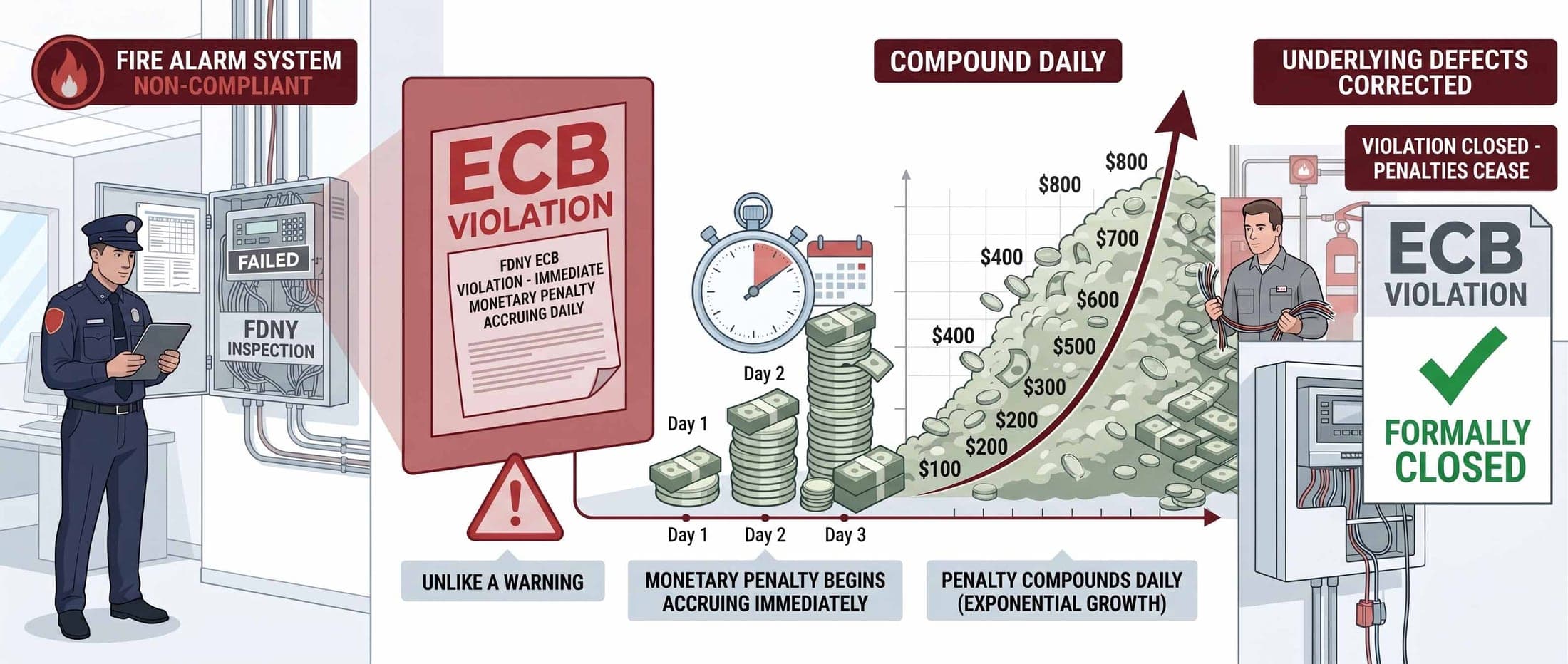 Infographic showing an FDNY fire alarm violation timeline — fines beginning on day one, compounding daily, until the defect is corrected and the violation is formally closed