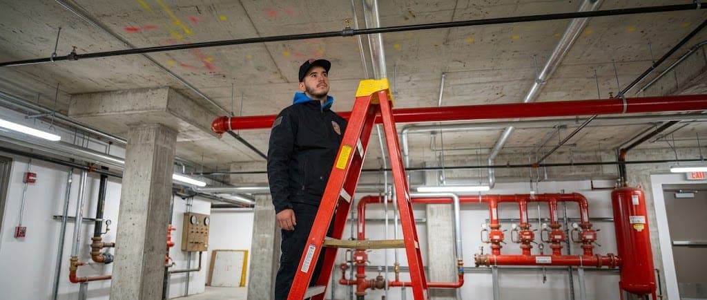 County Fire technician on a ladder inspecting fire sprinkler piping and valves