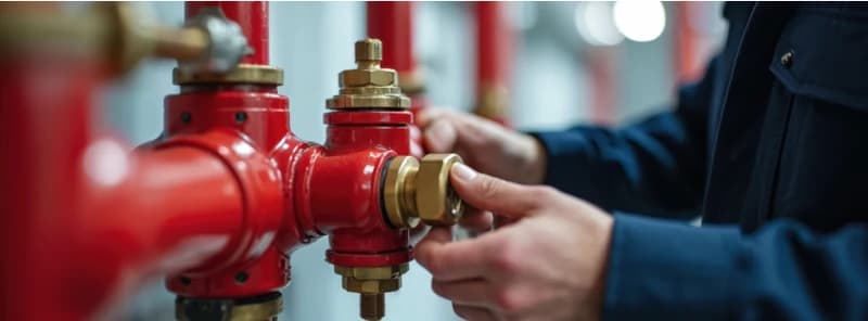 County Fire technician adjusting a fire sprinkler control valve and gauge assembly