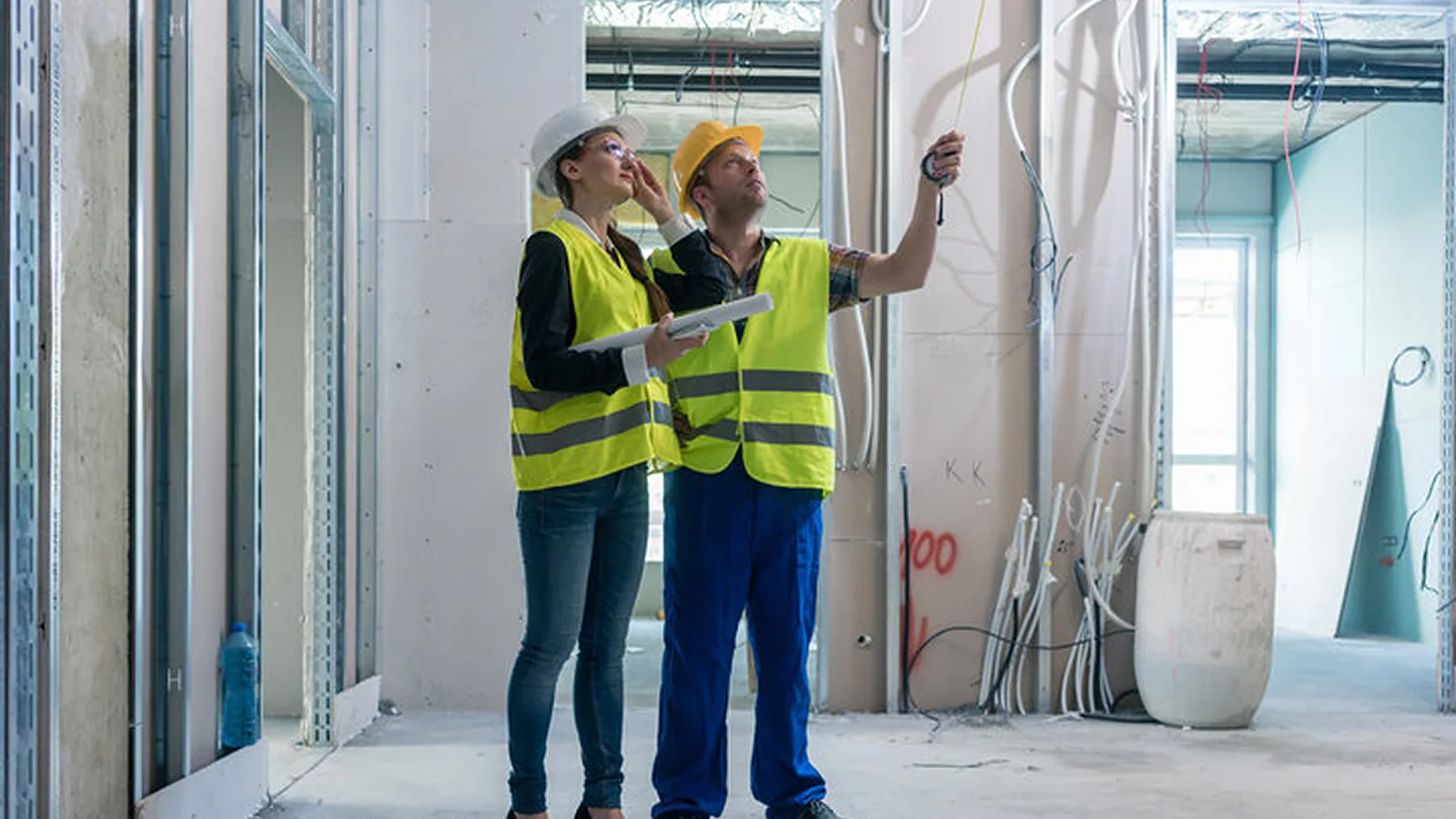 Two technicians in safety vests inspecting wiring in an unfinished building