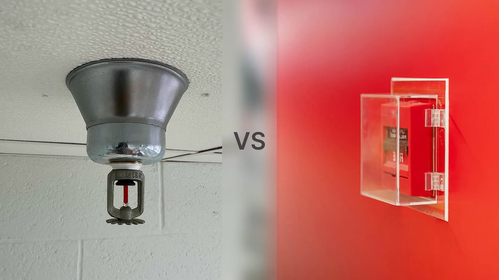 Pendent fire sprinkler head beside a covered fire alarm pull station