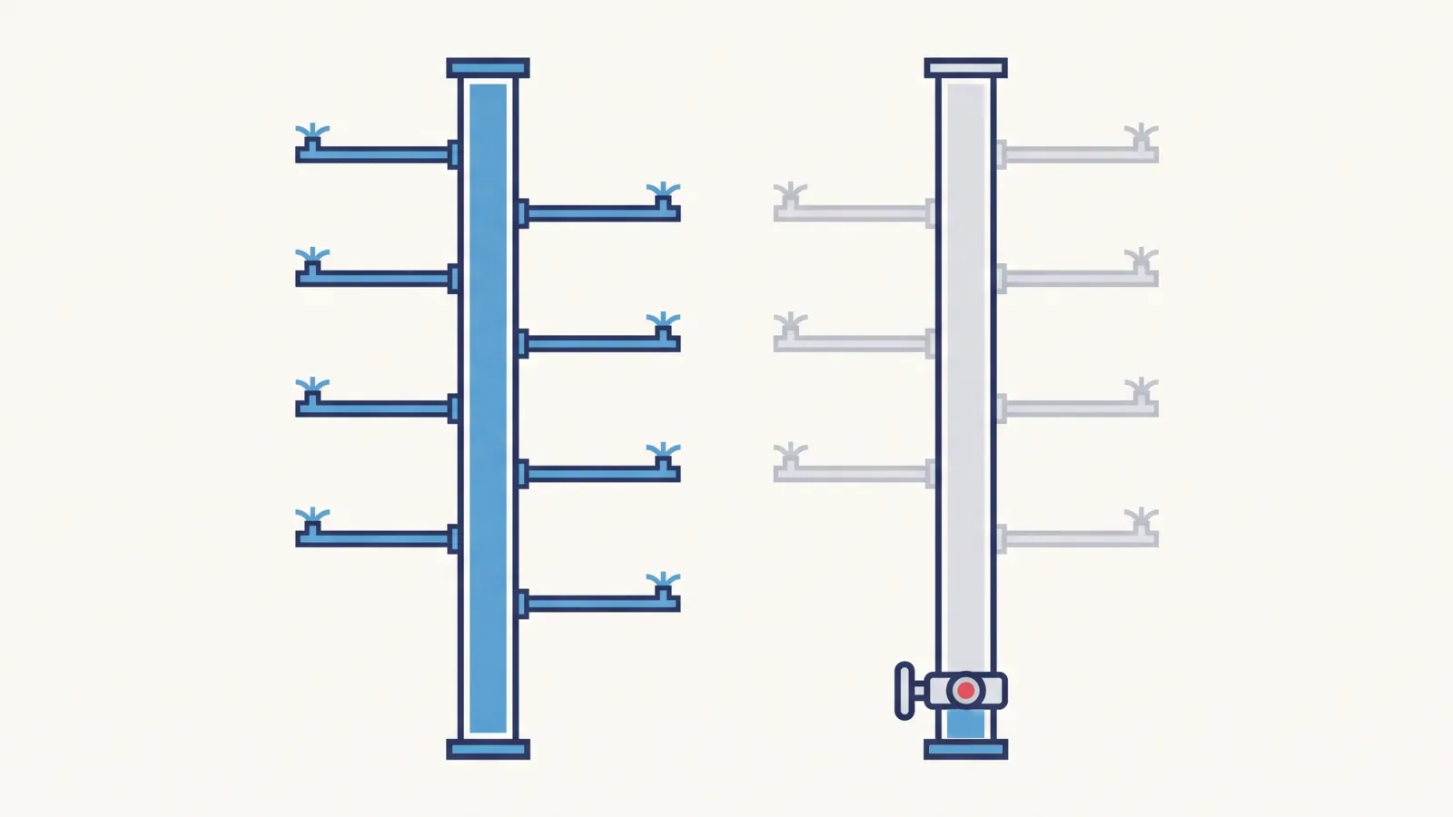 Illustration comparing a water-filled wet pipe riser with an air-pressurized dry pipe riser