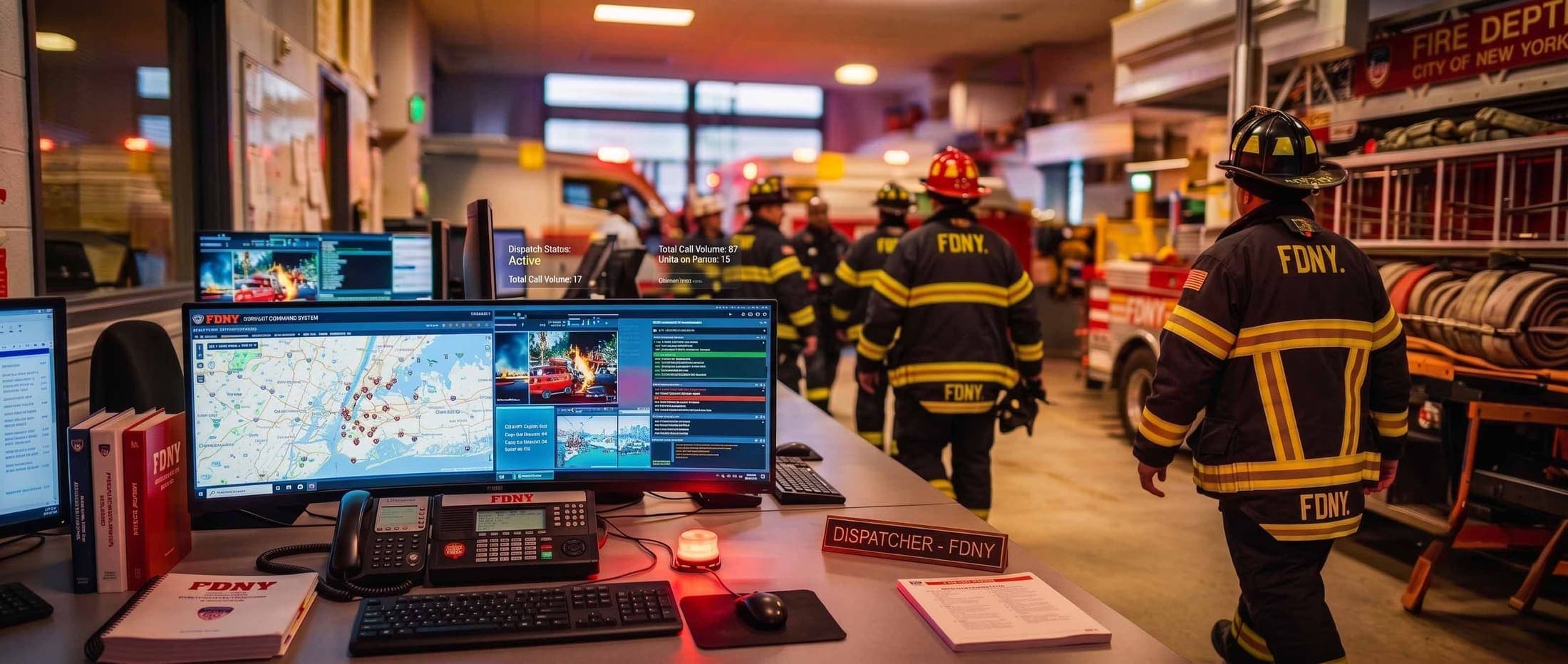 FDNY dispatcher monitoring active calls at the central station as firefighters respond