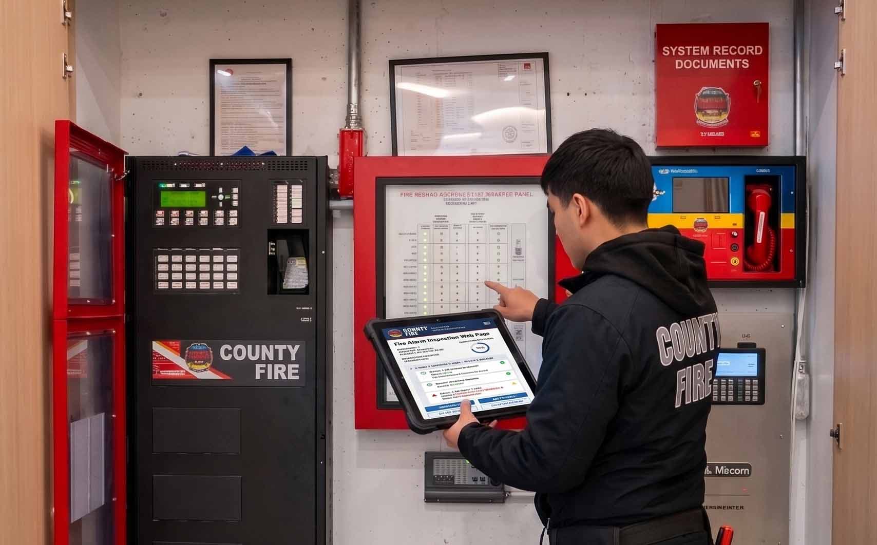 County Fire technician using a tablet to inspect a fire alarm control panel