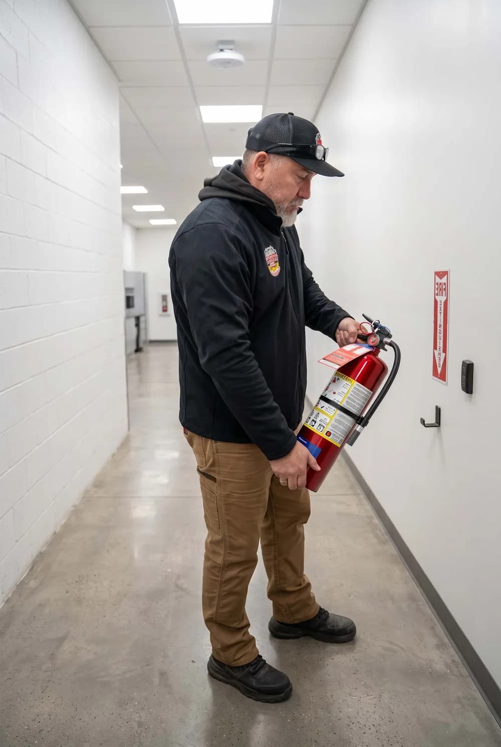 County Fire technician mounting a fire extinguisher in a building hallway