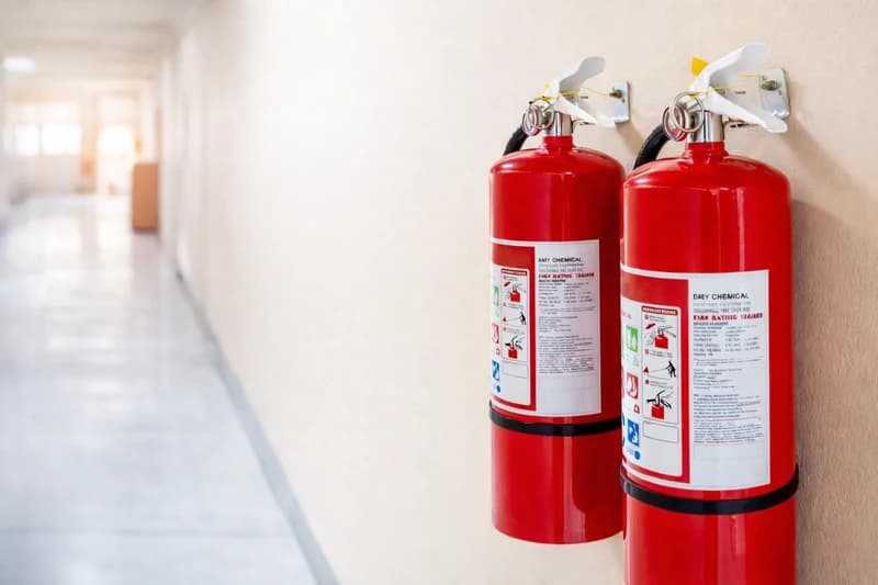 Two fire extinguishers mounted on a wall, newly installed
