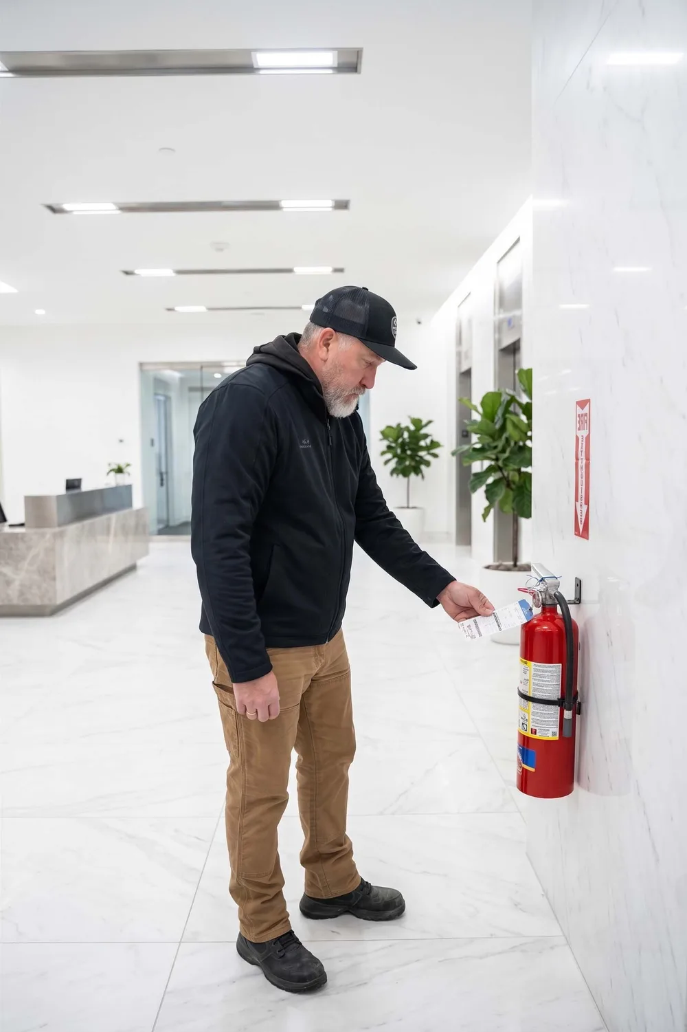 County Fire technician checking an inspection tag on a wall-mounted fire extinguisher