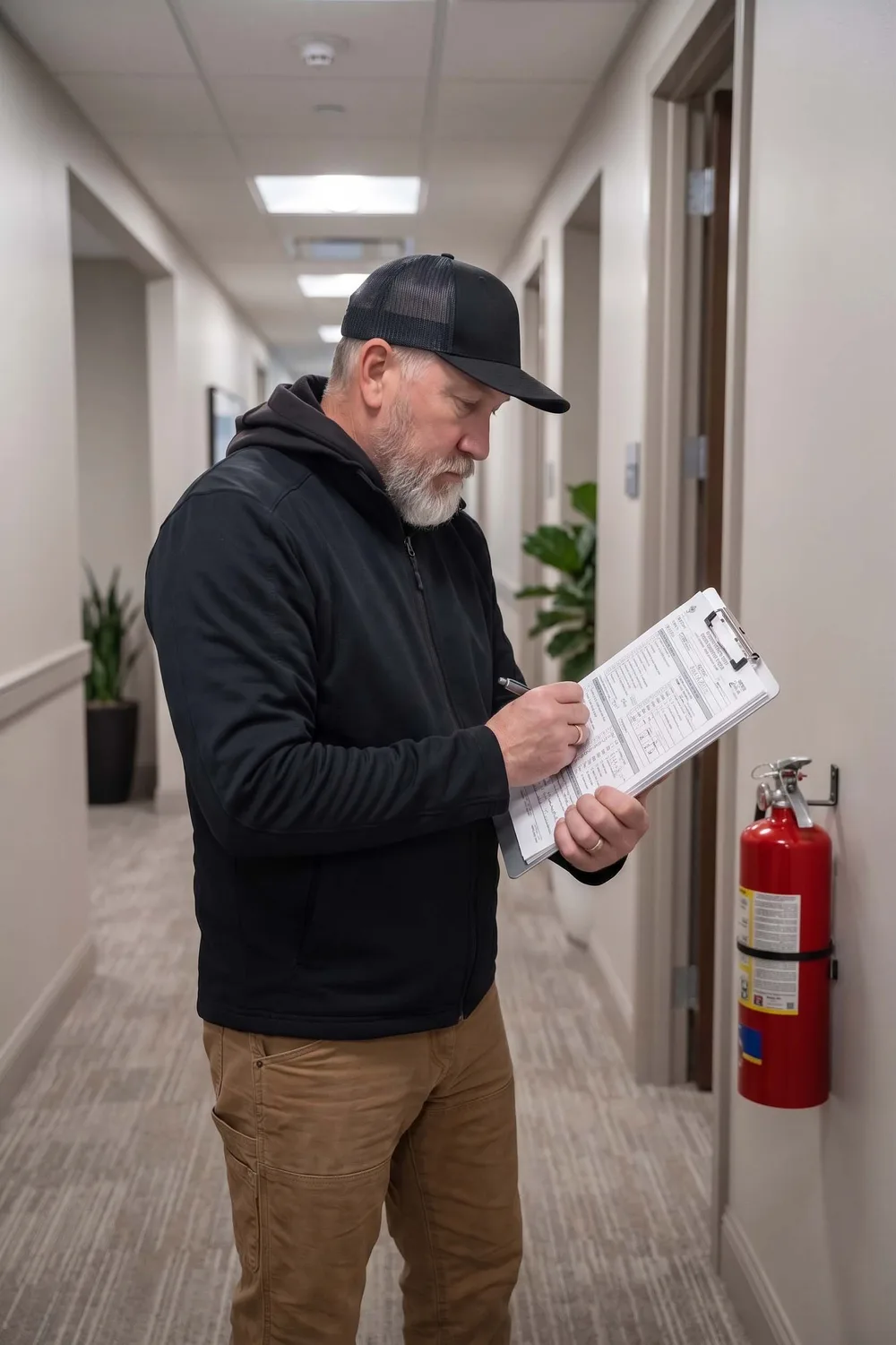 County Fire technician documenting a fire extinguisher violation on a compliance checklist