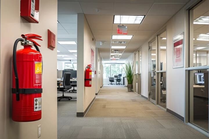 Wall-mounted fire extinguisher in a commercial office corridor