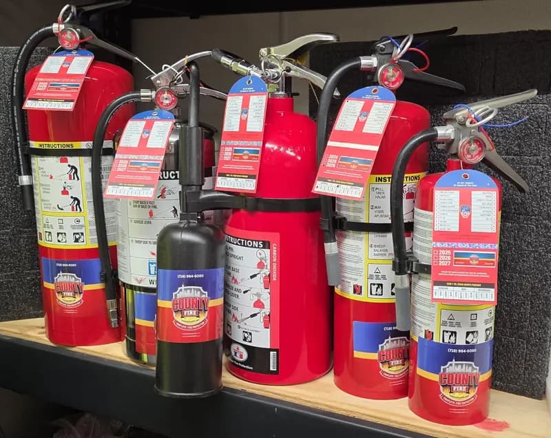 County Fire tagged extinguishers of multiple classes ready for deployment
