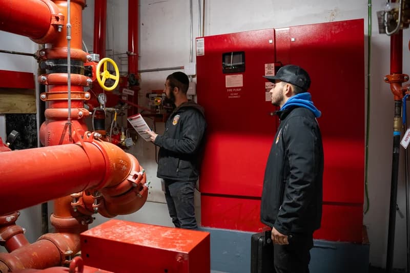 County Fire technicians inspecting a fire pump room in an NYC building