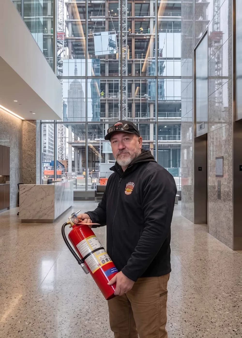 County Fire technician holding a fire extinguisher in a Manhattan high-rise lobby, with the Empire State Building visible through the window