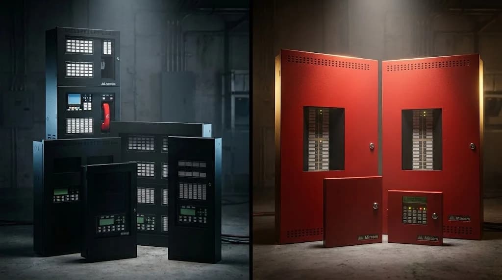 Mircom networked and conventional fire alarm control panels side by side