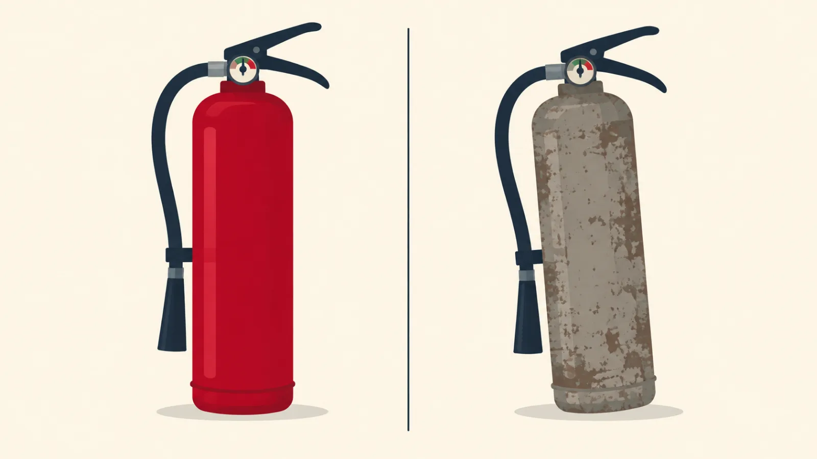 Clean red fire extinguisher beside a heavily corroded grey cylinder