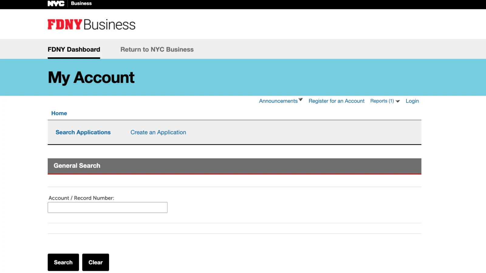 FDNY Business General Search page with the account or record number field