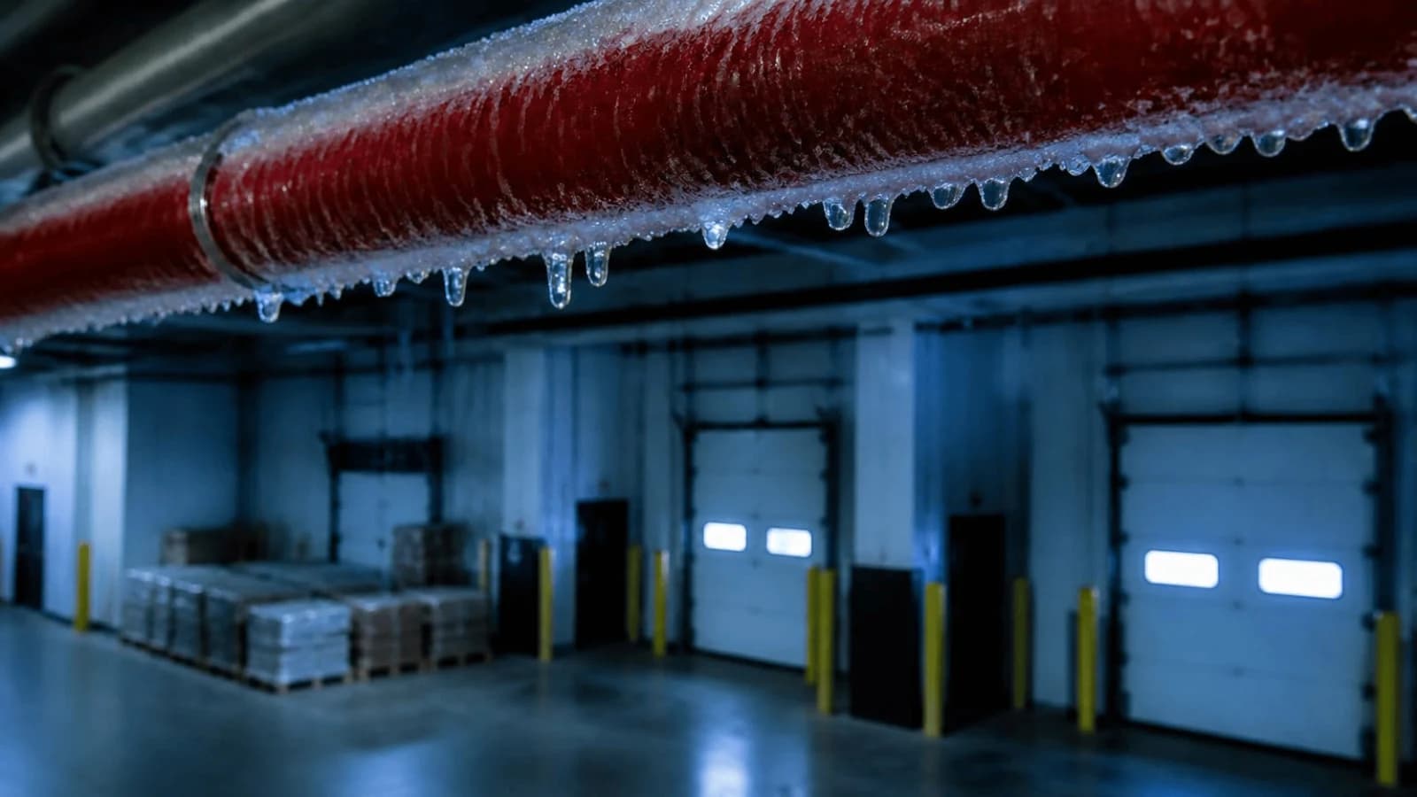 Frost and icicles on a red sprinkler pipe above an unheated loading dock