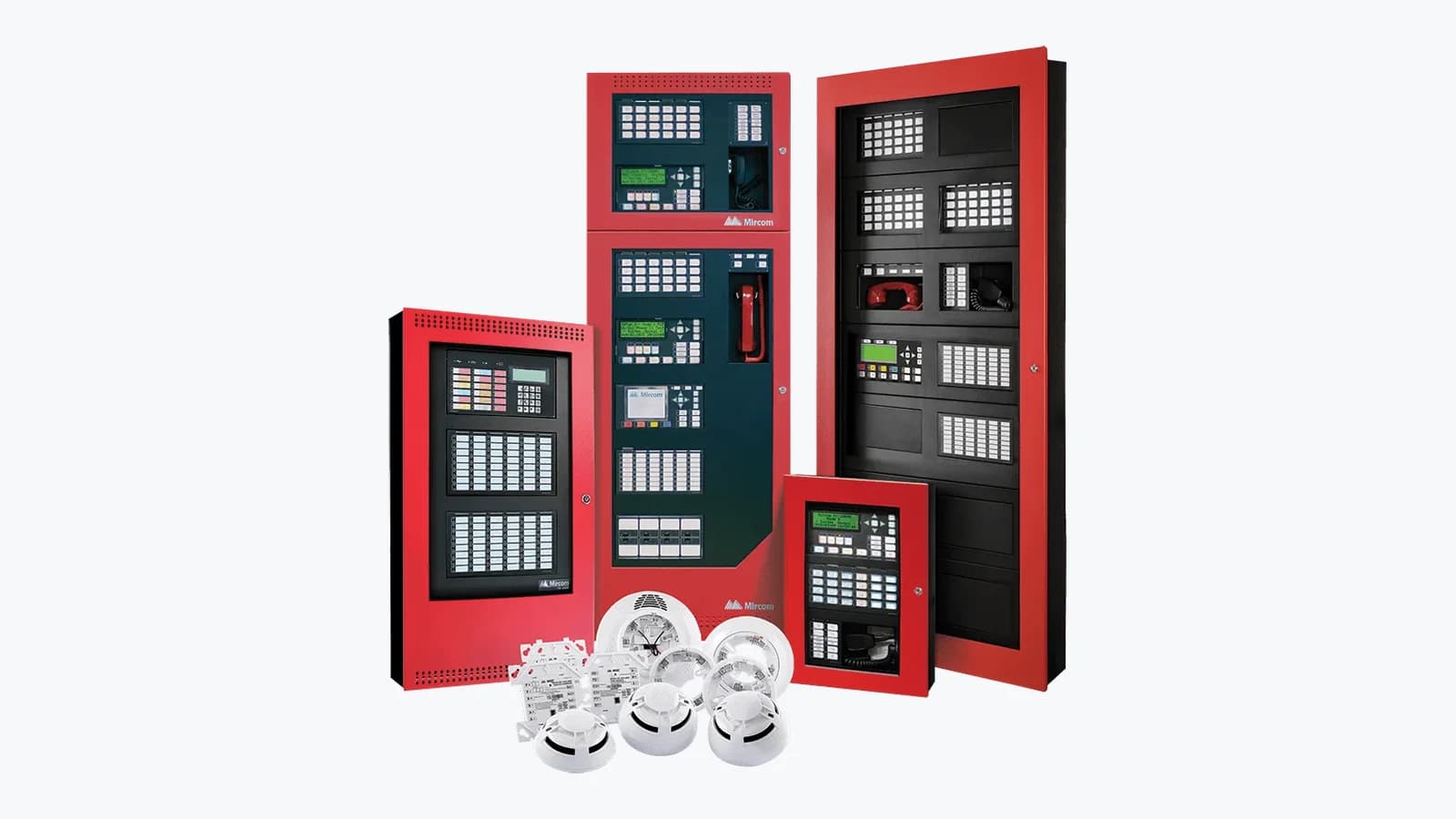 Mircom FleX-Net and FX-2000 fire alarm control panels and annunciators shown with addressable smoke and heat detectors