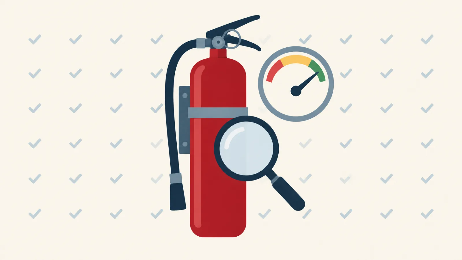 Wall mounted fire extinguisher with pressure gauge and magnifying glass