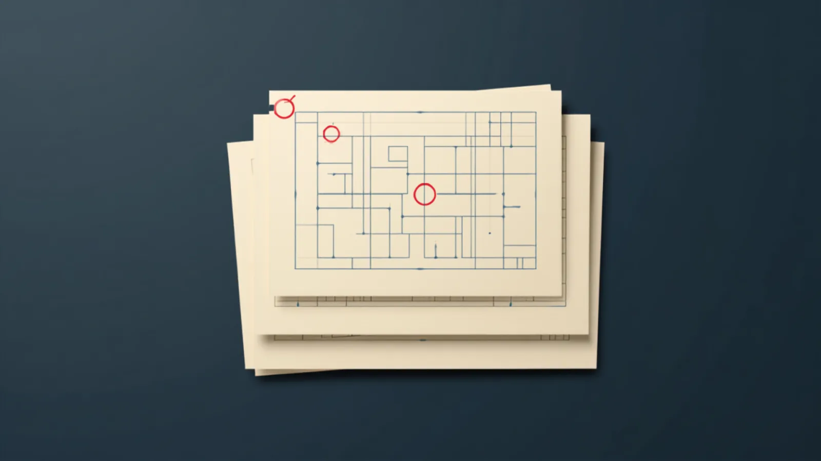 Illustration of stacked fire alarm plan sheets marked with red objections